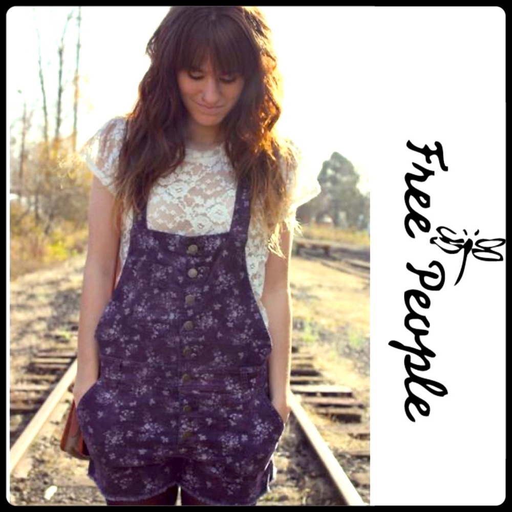 Free People Floral Purple Short Overalls